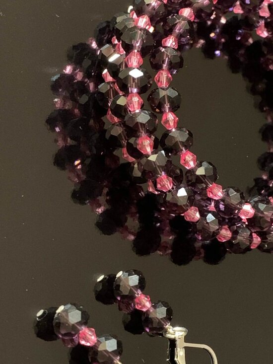 Hand Crafted Jewelry - Handmade. Dark purple and rose pink glass beaded coil bracelet set